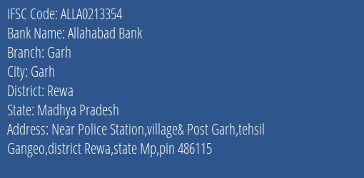Allahabad Bank Garh Branch Rewa IFSC Code ALLA0213354