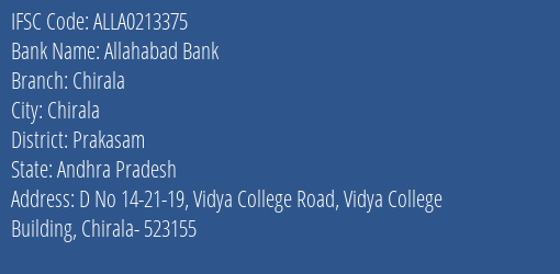 Allahabad Bank Chirala Branch Prakasam IFSC Code ALLA0213375