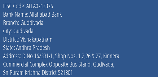 Allahabad Bank Guddivada Branch Vishakapatnam IFSC Code ALLA0213376