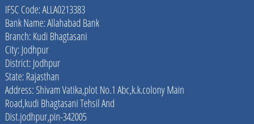 Allahabad Bank Kudi Bhagtasani Branch Jodhpur IFSC Code ALLA0213383