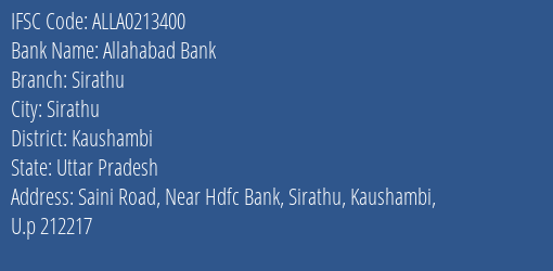 Allahabad Bank Sirathu Branch Kaushambi IFSC Code ALLA0213400