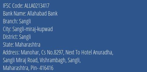 Allahabad Bank Sangli Branch Sangli IFSC Code ALLA0213417