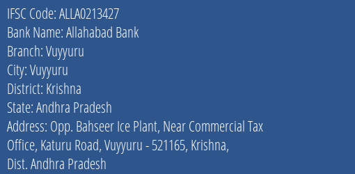 Allahabad Bank Vuyyuru Branch Krishna IFSC Code ALLA0213427