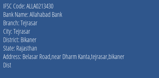 Allahabad Bank Tejrasar Branch Bikaner IFSC Code ALLA0213430