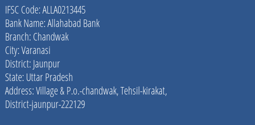 Allahabad Bank Chandwak Branch Jaunpur IFSC Code ALLA0213445
