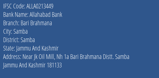 Allahabad Bank Bari Brahmana Branch Samba IFSC Code ALLA0213449