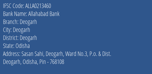 Allahabad Bank Deogarh Branch Deogarh IFSC Code ALLA0213460