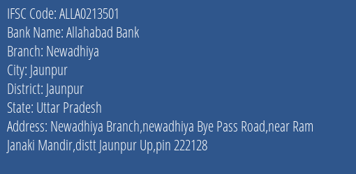 Allahabad Bank Newadhiya Branch Jaunpur IFSC Code ALLA0213501