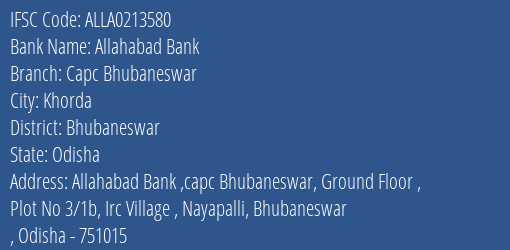 Allahabad Bank Capc Bhubaneswar Branch Bhubaneswar IFSC Code ALLA0213580