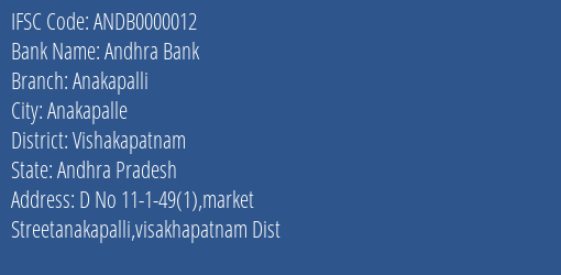 Andhra Bank Anakapalli Branch Vishakapatnam IFSC Code ANDB0000012