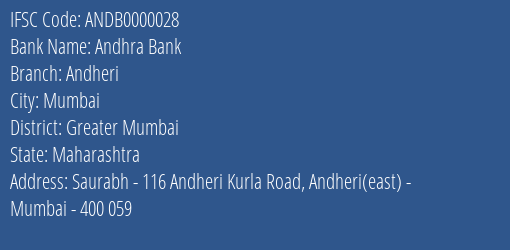 Andhra Bank Andheri Branch Greater Mumbai IFSC Code ANDB0000028