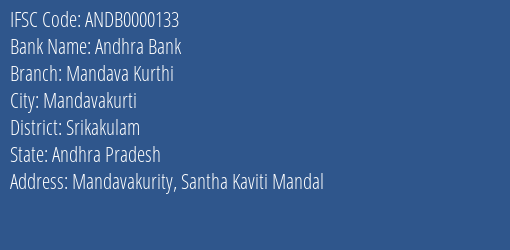 Andhra Bank Mandava Kurthi Branch, Branch Code 000133 & IFSC Code Andb0000133