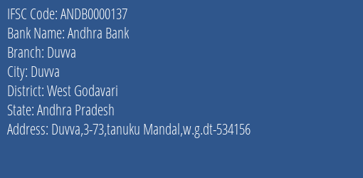 Andhra Bank Duvva Branch West Godavari IFSC Code ANDB0000137