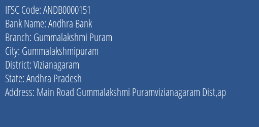 Andhra Bank Gummalakshmi Puram Branch Vizianagaram IFSC Code ANDB0000151