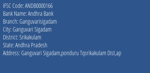 Andhra Bank Ganguvarisigadam Branch Srikakulam IFSC Code ANDB0000166