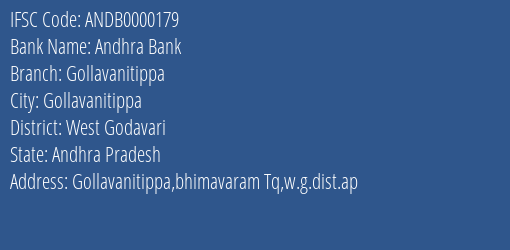 Andhra Bank Gollavanitippa Branch West Godavari IFSC Code ANDB0000179