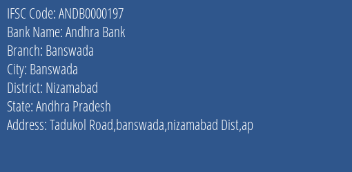 Andhra Bank Banswada Branch Nizamabad IFSC Code ANDB0000197