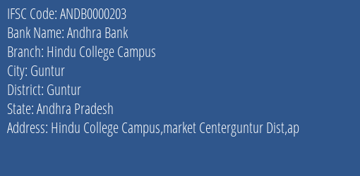 Andhra Bank Hindu College Campus Branch Guntur IFSC Code ANDB0000203