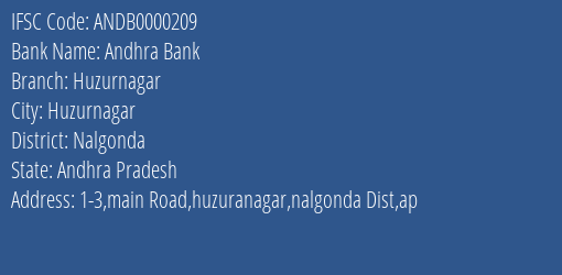 Andhra Bank Huzurnagar Branch Nalgonda IFSC Code ANDB0000209
