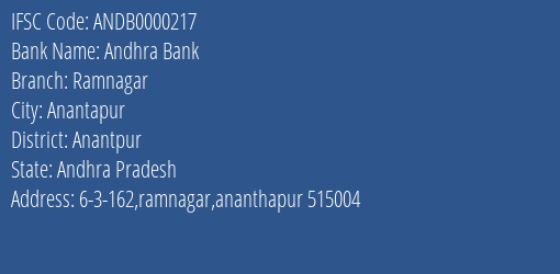 Andhra Bank Ramnagar Branch Anantpur IFSC Code ANDB0000217