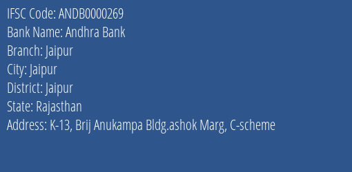 Andhra Bank Jaipur Branch Jaipur IFSC Code ANDB0000269