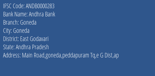Andhra Bank Goneda Branch East Godavari IFSC Code ANDB0000283