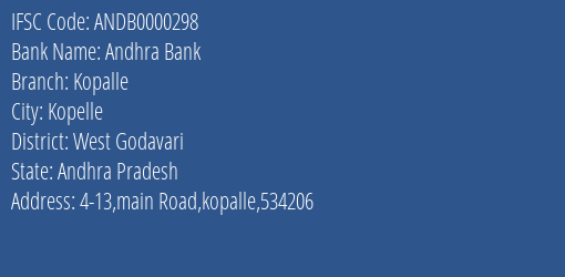 Andhra Bank Kopalle Branch West Godavari IFSC Code ANDB0000298