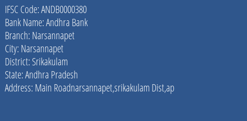 Andhra Bank Narsannapet Branch, Branch Code 000380 & IFSC Code Andb0000380