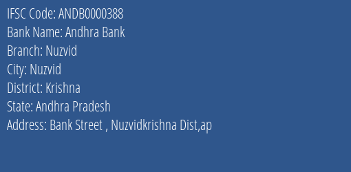Andhra Bank Nuzvid Branch Krishna IFSC Code ANDB0000388