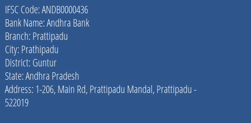 Andhra Bank Prattipadu Branch Guntur IFSC Code ANDB0000436