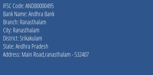 Andhra Bank Ranasthalam Branch Srikakulam IFSC Code ANDB0000495