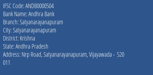 Andhra Bank Satyanarayanapuram Branch Krishna IFSC Code ANDB0000504