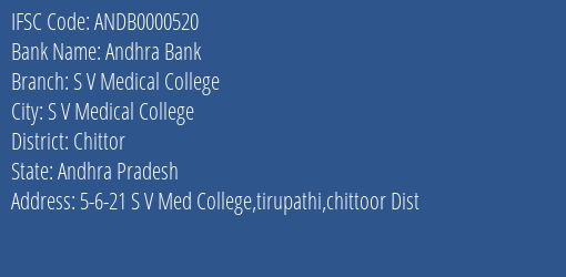 Andhra Bank S V Medical College Branch Chittor IFSC Code ANDB0000520