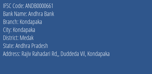 Andhra Bank Kondapaka Branch, Branch Code 000661 & IFSC Code Andb0000661