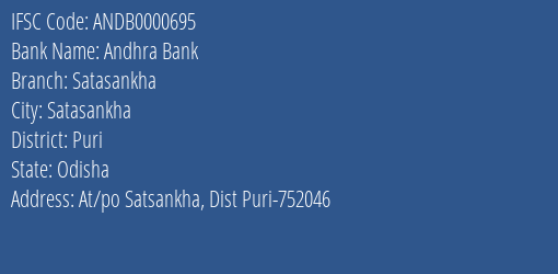 Andhra Bank Satasankha Branch Puri IFSC Code ANDB0000695