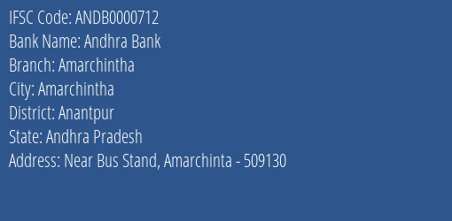 Andhra Bank Amarchintha Branch Anantpur IFSC Code ANDB0000712