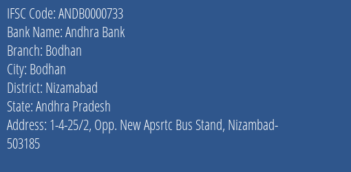 Andhra Bank Bodhan Branch Nizamabad IFSC Code ANDB0000733