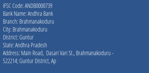 Andhra Bank Brahmanakoduru Branch Guntur IFSC Code ANDB0000739