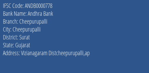 Andhra Bank Cheepurupalli Branch, Branch Code 000778 & IFSC Code Andb0000778