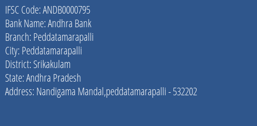 Andhra Bank Peddatamarapalli Branch, Branch Code 000795 & IFSC Code Andb0000795