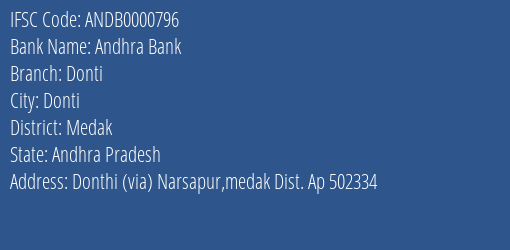 Andhra Bank Donti Branch, Branch Code 000796 & IFSC Code Andb0000796