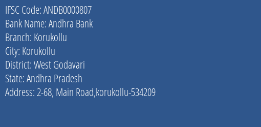 Andhra Bank Korukollu Branch West Godavari IFSC Code ANDB0000807