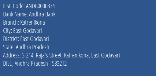 Andhra Bank Katrenikona Branch East Godavari IFSC Code ANDB0000834