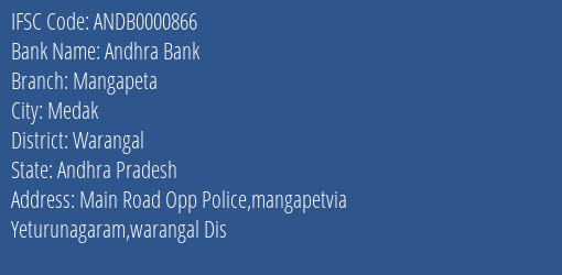 Andhra Bank Mangapeta Branch Warangal IFSC Code ANDB0000866