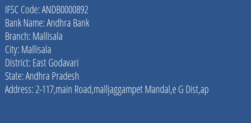 Andhra Bank Mallisala Branch East Godavari IFSC Code ANDB0000892