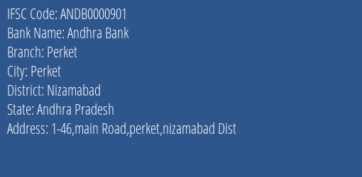Andhra Bank Perket Branch Nizamabad IFSC Code ANDB0000901