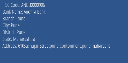 Andhra Bank Pune Branch Pune IFSC Code ANDB0000906