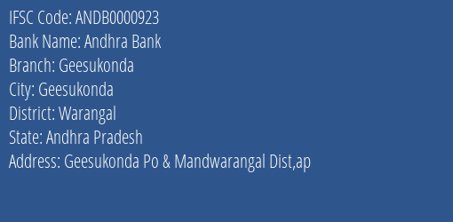 Andhra Bank Geesukonda Branch Warangal IFSC Code ANDB0000923