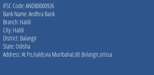 Andhra Bank Haldi Branch Balangir IFSC Code ANDB0000926