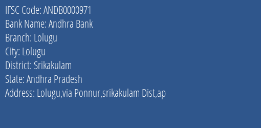 Andhra Bank Lolugu Branch, Branch Code 000971 & IFSC Code Andb0000971